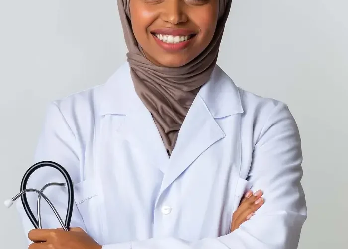 portraif of black islamic female doctor in hijab Trillium Clinic Dermatology Chapel Hill