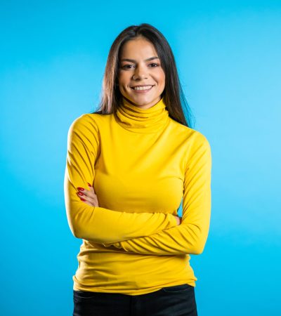 Copy,Space.,Beautiful,Cheerful,Mixed,Race,Woman,In,Yellow,Clothing