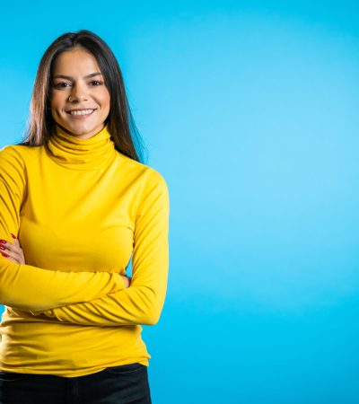 Copy,Space.,Beautiful,Cheerful,Mixed,Race,Woman,In,Yellow,Clothing