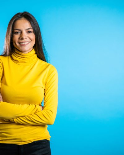 Copy,Space.,Beautiful,Cheerful,Mixed,Race,Woman,In,Yellow,Clothing